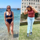 Three images of a woman in a bathing suit at the beach and two Women wearing stylish jeans outside