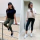 Split image of a woman wearing different leggings from Amazon