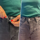 Split image of someone using a jean button to make their pants fit better