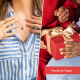 Split image of a woman giving a gift and a woman touching a necklace on her neck