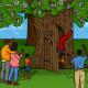 Illustration of Black family members waving hello to a man and his children opening the door to a tree, which has family photos hanging from the branches and leaves.