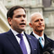 Florida senators Marco Rubio and Rick Scott speak to reporters after a meeting with former President Donald Trump on Venezuela on January 22, 2019.