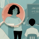 Illustration of a hand holding a magnifying glass over a teacher speaking to her classroom of students.