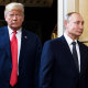 Former president Donald Trump and Russian President Vladimir Putin arrive for a meeting in Helsinki on July 16, 2018.
