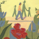 Illustration of a mother walking past a garden of flowers; the shadows of her children on the wall.