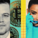 Photo illustration of Matt Damon, bitcoin tokens, Larry David and Kim Kardashian