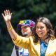 San Francisco Mayor London Breed waves to a cheering crowd atop a float during the San Francisco Pride parade on June, 24, 2018.