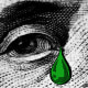 Photo illustration: A green tear over the close-up of the eyes of the portrait of Benjamin Franklin from a hundred dollar bill.