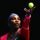 Serena Williams serves in her Women's Singles first round match against Laura Siegemund at the Australian Open on Feb. 8, 2021, in Melbourne.