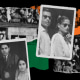 Photo collage: Images of the India-Pakistan partition on torn pieces of paper. Vintage photos of couples are scattered above it.