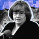 Photo illustration: Cutout of Maricopa County Attorney Rachel Mitchell against a paper showing parts of a sonogram against a background image showing abortion rights protestors.