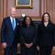 President Jose Biden, Jr., Vice President Kamala Harris, and Justice Ketanji Brown Jackson at a courtesy visit in the Justices’ Conference Room prior to the investiture ceremony on on Sept. 30, 2022.