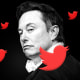 Photo illustration: Elon Musk encircled by red colored Twitter logos.