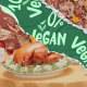Photo illustration: A tear across a photo of a thanksgiving meal on a table shows green stickers that read,"100% vegan".