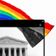 Photo illustration: Part of a photo of a pride flag waving over the Supreme Court seen through a web browser window is black and white.