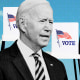 Photo Illustration: Joe Biden. infront of a collage of voting booths