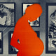 Photo Illustration: The silhouette of a pregnant woman in front of inverted photos of happy mothers and their children.