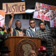 Image: People hold signs during a news conference discussing the death of Tyre Nichols on Jan. 31, 2023, in Memphis, Tenn.