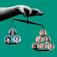 Photo collage-based illustration of a hand of Lady Justice holding scales with the justices, separated by left-leaning and right-leaning.
