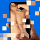 Photo collage of a person holding a phone with a suggestive image of a man on the screen, with nude colored pixels flying off the phone.