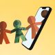 Digital illustration of two iPhones with a garland of human shaped paper cutouts strung between them, some with brown skintones and some seemingly cut out of dollar bills.