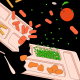 Drawn illustration of a broken cafeteria food tray as finger foods like french fries, carrots, peas, chicken nuggets, a milk carton, an apple, and a broken spoon and fork fly off it/
