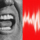 Photo Illustration: An extreme close-up image of Donald Trump's open mouth next to sound waves