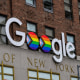 The Google logo with the Pride flag at the company's New York office on June 7, 2022.