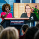 Press Secretary Karine Jean-Pierre and FEMA Administrator Deanne Criswell, attending the press briefing virtually, take a question at the White House press briefing on Aug. 14, 2023.