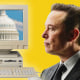 Photo illustration of Mark Zuckerberg and Elon Musk looking at a vintage computer with a pixelated photo of the Capitol in Washington.