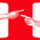 Photo Illustration: Two hands, of a Black man and Black woman, emerge from cell phone screens and point fingers at each other
