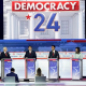 From left, Asa Hutchinson, Chris Christie, Mike Pence, Ron DeSantis, Vivek Ramaswamy, Nikki Haley, Tim Scott,  and Doug Burgum during a Republican presidential primary debate in Milwaukee