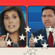 Photo illustration of Chris Christie, Ron DeSantis and Nikki Haley at the Republican presidential primary debate in California on Weds.