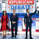 rom left, Doug Burgum, Chris Christie, Nikki Haley, Ron DeSantis, Vivek Ramaswamy, Tim Scott and Mike Pence attend the second Republican presidential primary debate in Simi Valley, Calif