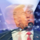 Blurry image of Donald Trump standing in front of American flag.