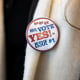 A woman wears a pro-choice button in Columbus, Ohio on Nov. 5, 2023.