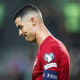 Cristiano Ronaldo looks downwards during the UEFA Euro 2024 group J qualifying football match.