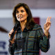 Image: Republican presidential candidate Nikki Haley speaks during a town hall