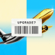 Photo illustration of a split image of a standard plane and a "gold-plated" plane; a price sticker that reads "Upgrade?" is overlaid on top of the image 