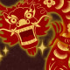 Red and gold glowing dragon with paper texture curls out of corner of image