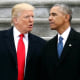 Donald Trump talks with Barack Obama.