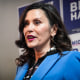 Michigan Gov. Gretchen Whitmer meets with volunteers at the Kalamazoo County Democratic Party headquarters in Kalamazoo, Mich., on Feb. 26, 2024.