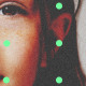 Photo illustration of a young girl's face and scattered neon green dots against a black background 