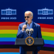President Joe Biden speaks at the Pride Month celebration on the South Lawn.
