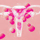 Photo illustration of female reproductive system and scattered pills 