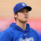 Los Angeles Dodgers' Shohei Ohtani on the field during warmups in Los Angeles