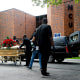 The casket carrying the body of George Floyd at North Central University after a memorial service.