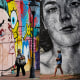 A triptych with various people walking in front of murals in Richmond, Virginia