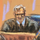 Courtroom sketch: Former President Donald Trump sits with his attorney Todd Blanch before Justice Juan M. Merchan in New York on April 15, 2024.