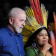 Brazil's President Luiz Inacio Lula da Silva and Minister of Indigenous Peoples Sonia Guajajara arrive at the closing ceremony of the 1st Ordinary Meeting of the National Council for Indigenous Policy